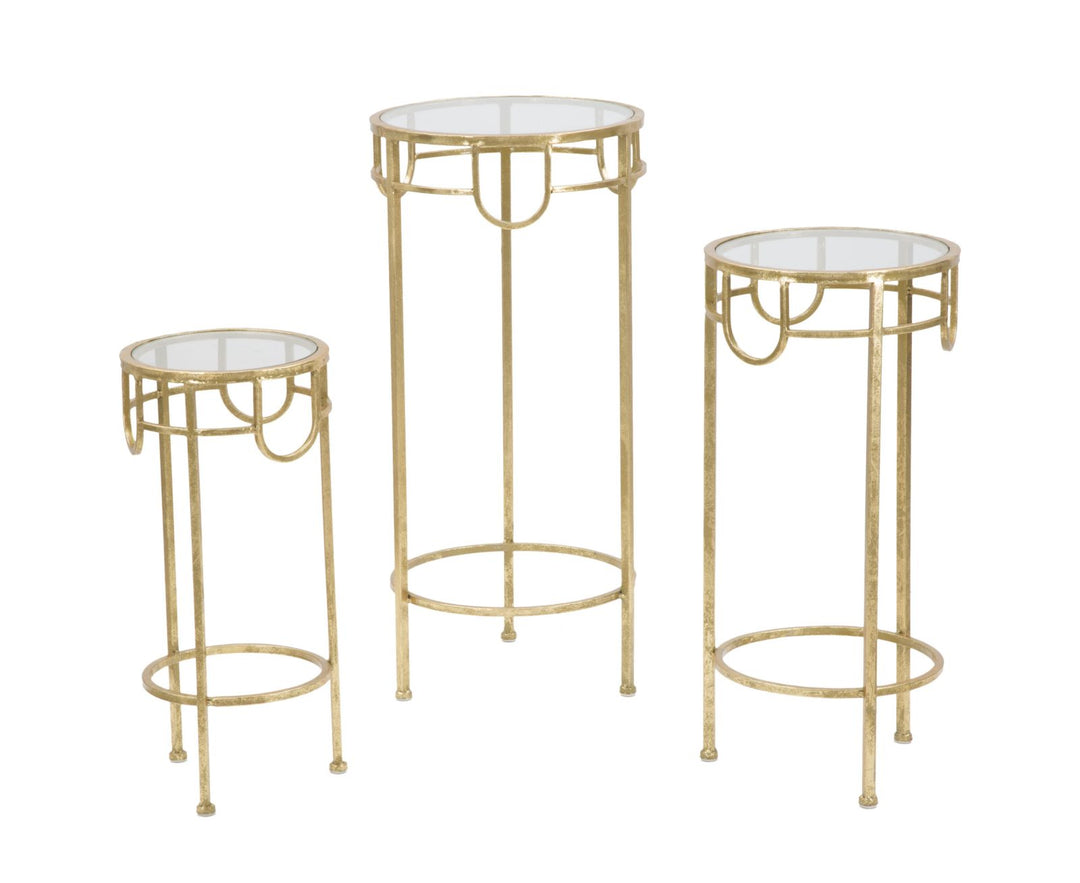 Glam sideborde i guldfarve, metal og glas, styks – 33x70 og 28x60 og 23x50 cm