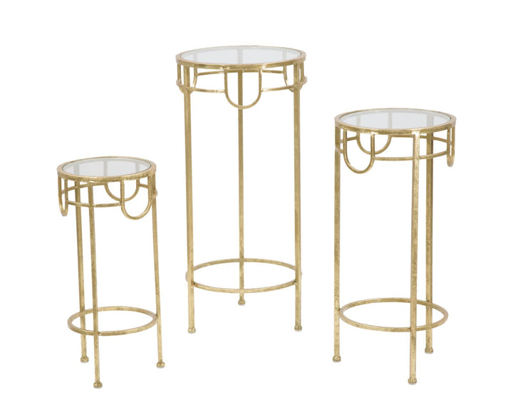 Glam sideborde i guldfarve, metal og glas, styks – 33x70 og 28x60 og 23x50 cm