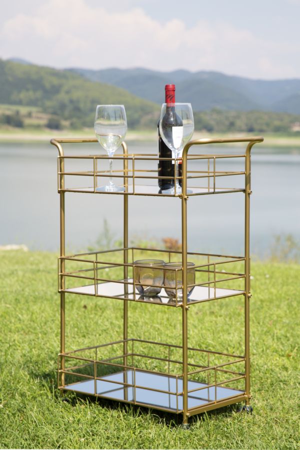 Glam rullevogn i guldfarve, jern og glas – 60x30x5 cm