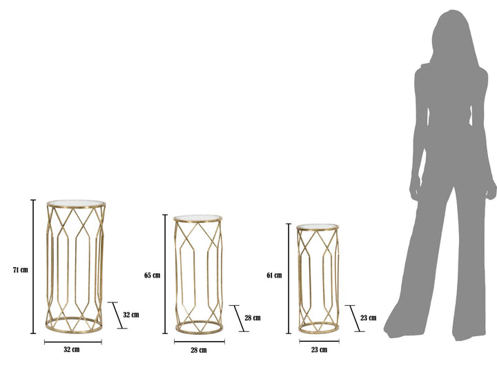 Glam 3 x sideborde, guldfarvet, metal – 32x71 og 28x65 og 23x61 cm