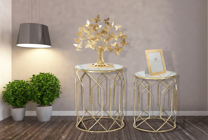 Glam borde i guldfarve, metal og glas – 42x53 og 38x47 cm