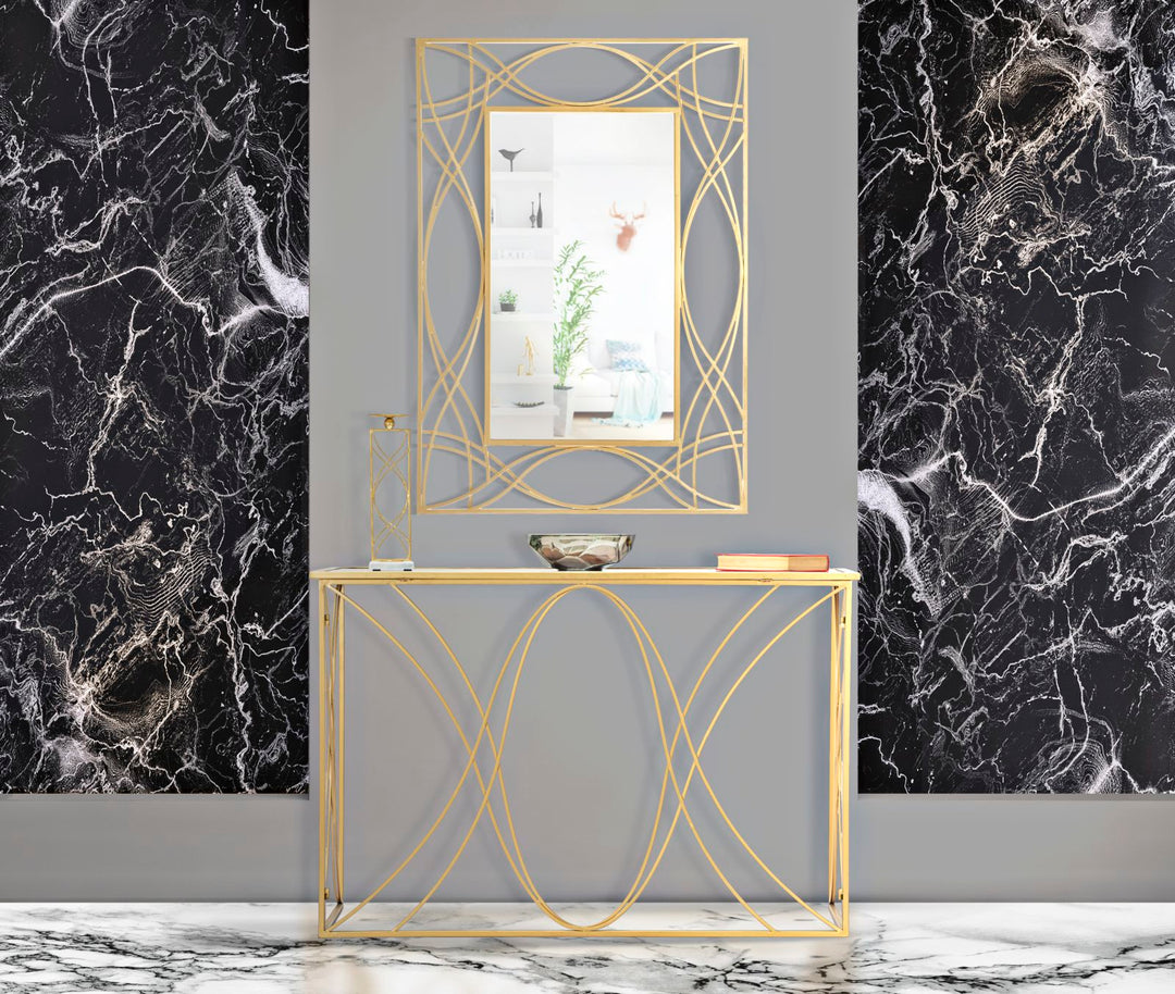 Glam konsolbord i guldfarve, jern og glas – 120x40x80 cm