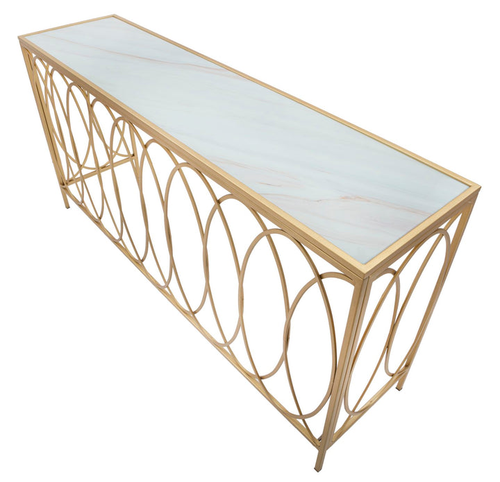 Glam konsolbord i guldfarve, jern, mdf og glas – 160x40x79 cm