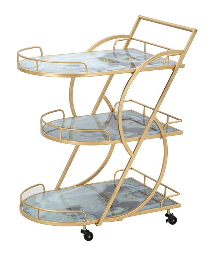 Glam rullevogn med guldfarve i jern, mdf og glas – 71x45x5 84x5 cm