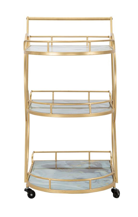 Glam rullevogn med guldfarve i jern, mdf og glas – 71x45x5 84x5 cm