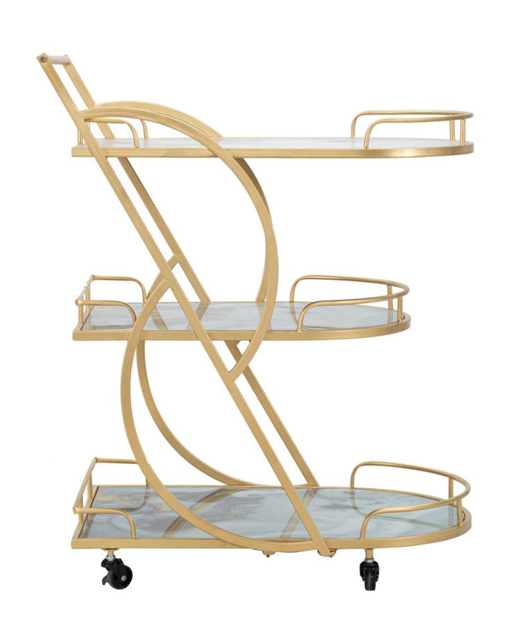 Glam rullevogn med guldfarve i jern, mdf og glas – 71x45x5 84x5 cm