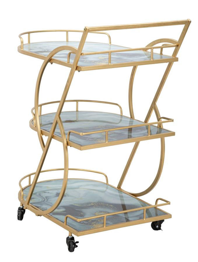 Glam rullevogn med guldfarve i jern, mdf og glas – 71x45x5 84x5 cm