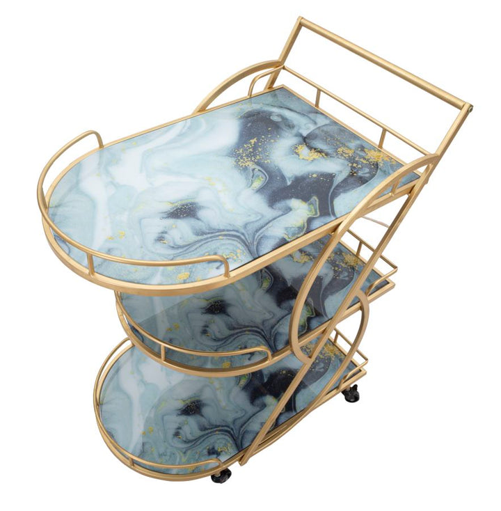 Glam rullevogn med guldfarve i jern, mdf og glas – 71x45x5 84x5 cm