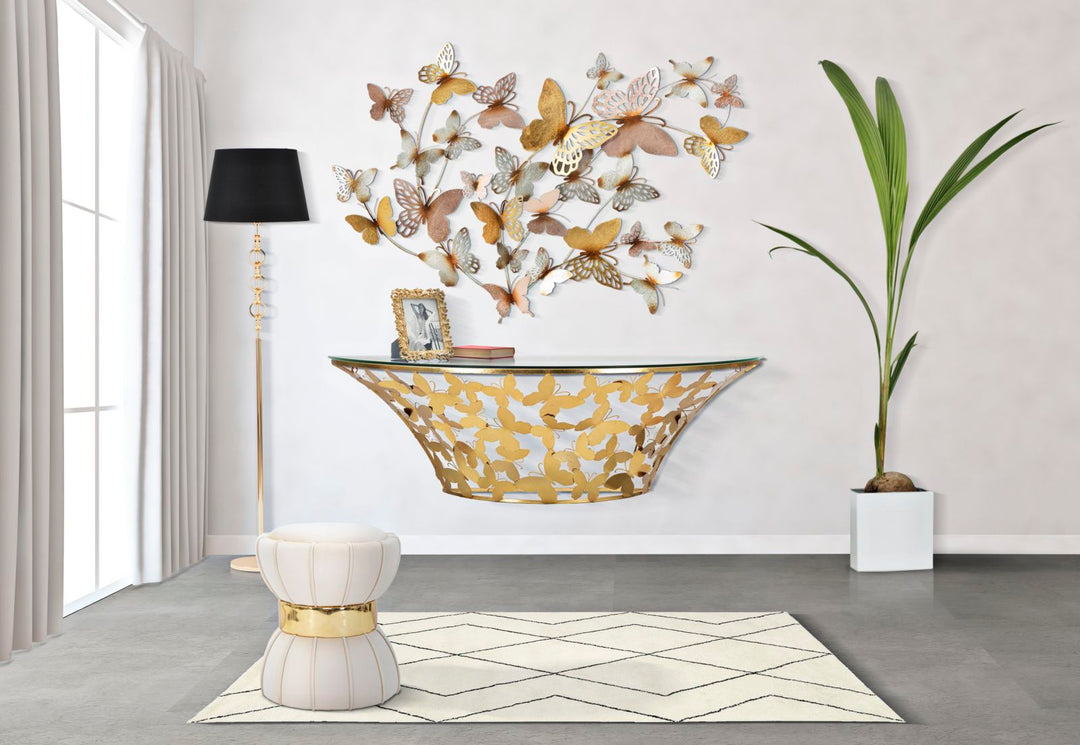Glam konsolbord i jern og glas, guldfarvet – 120x40x5 37x2 cm