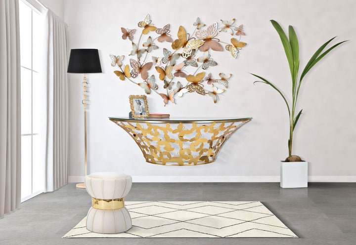 Glam konsolbord i jern og glas, guldfarvet – 120x40x5 37x2 cm