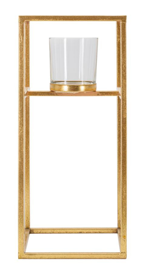 Glam lysestage i guldfarve, jern og glas – 15x15x35 cm