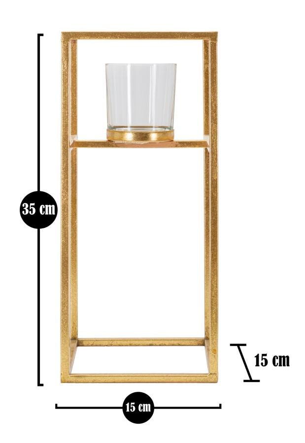 Glam lysestage i guldfarve, jern og glas – 15x15x35 cm