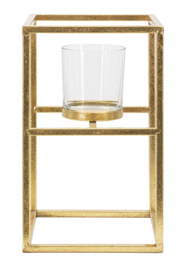 Glam lysestage i guldfarve, jern og glas – 15x15x25 cm
