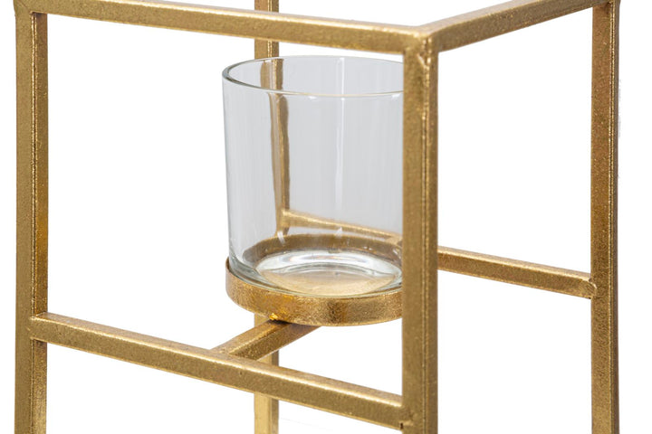 Glam lysestage i guldfarve, jern og glas – 15x15x25 cm