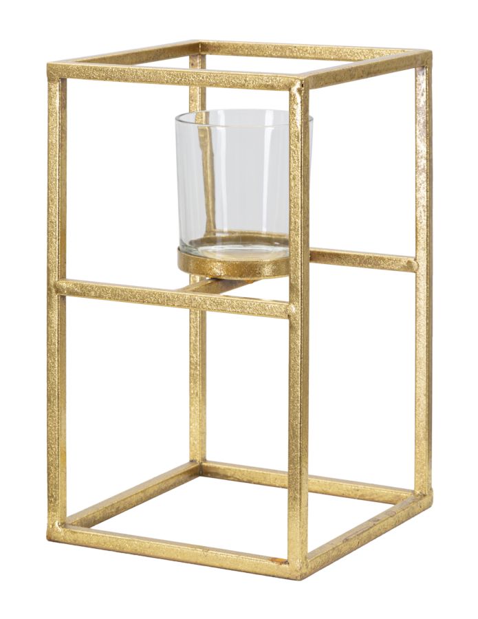 Glam lysestage i guldfarve, jern og glas – 15x15x25 cm