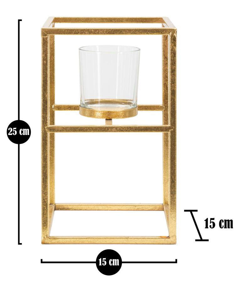 Glam lysestage i guldfarve, jern og glas – 15x15x25 cm