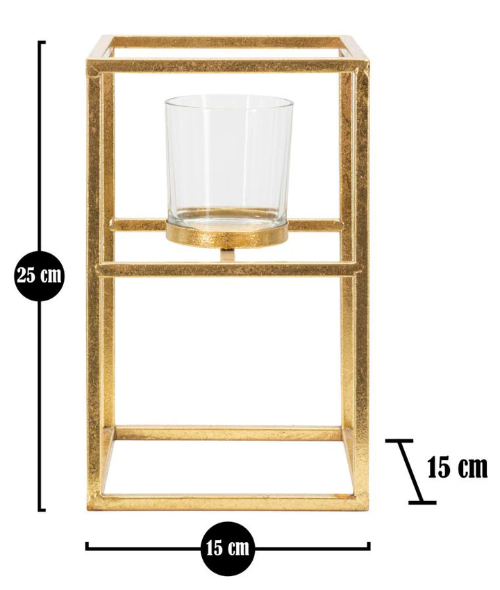 Glam lysestage i guldfarve, jern og glas – 15x15x25 cm