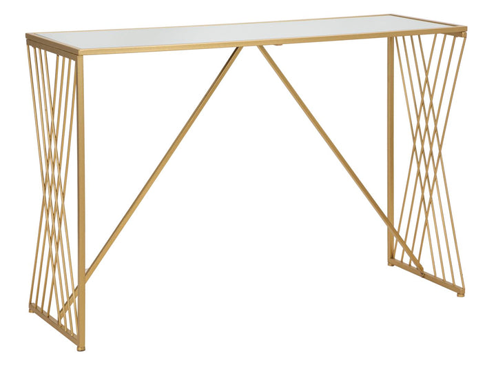 Glam konsolbord i guldfarve, metal, mdf og glas – 120x40x80 cm