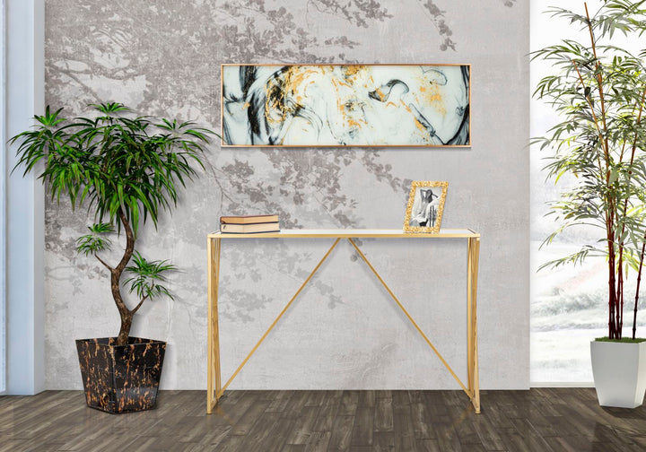 Glam konsolbord i guldfarve, metal, mdf og glas – 120x40x80 cm