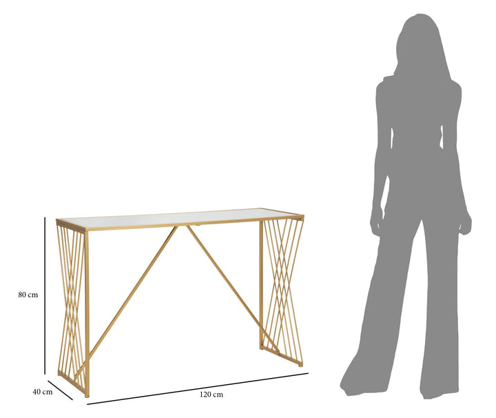 Glam konsolbord i guldfarve, metal, mdf og glas – 120x40x80 cm