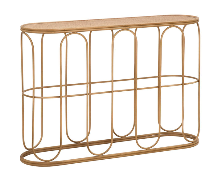 Boho chic konsolbord i jern og rattan – 110x32x77 cm