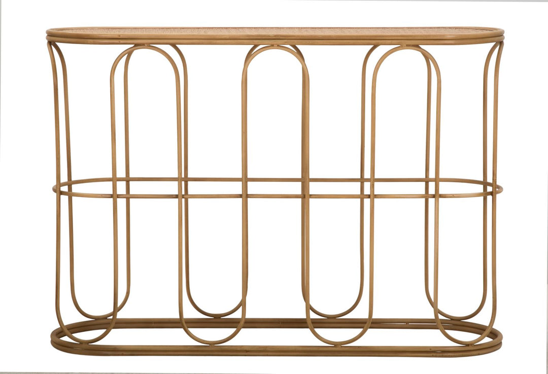Boho chic konsolbord i jern og rattan – 110x32x77 cm