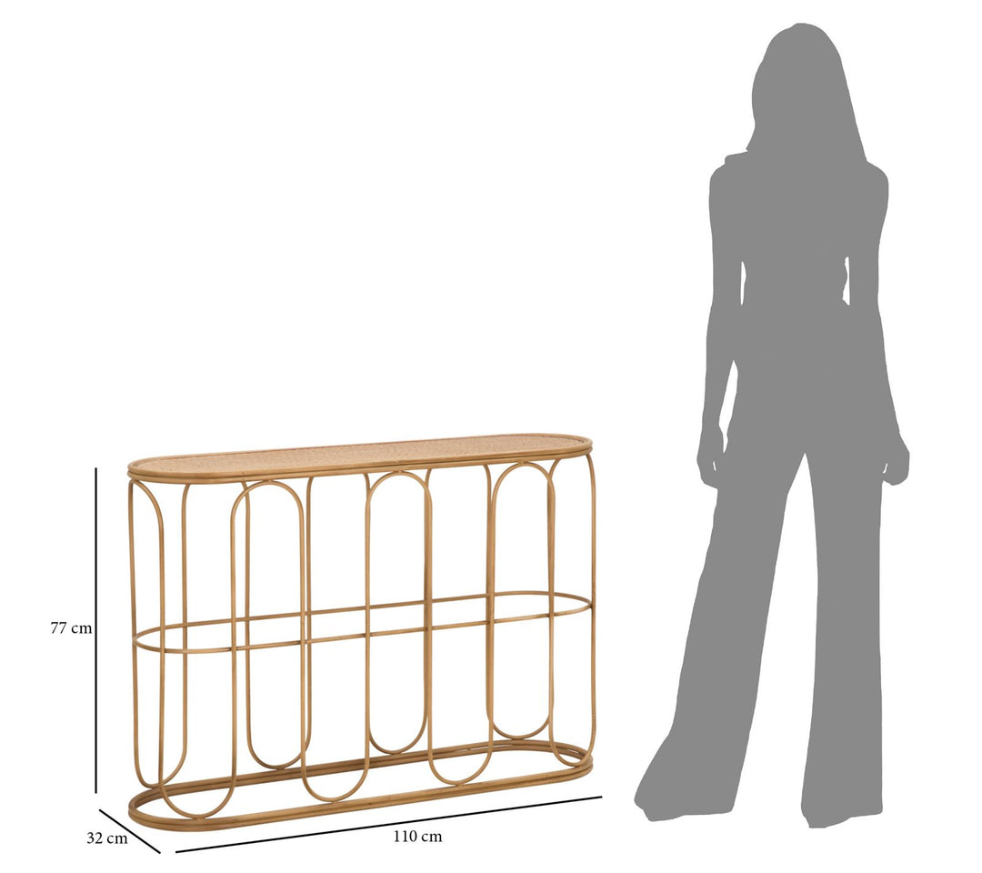 Boho chic konsolbord i jern og rattan – 110x32x77 cm