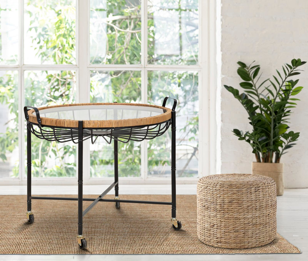 Boho chic bord i jern, glas og rattan – 70x5x65 cm
