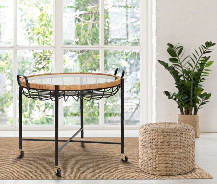 Boho chic bord i jern, glas og rattan – 70x5x65 cm