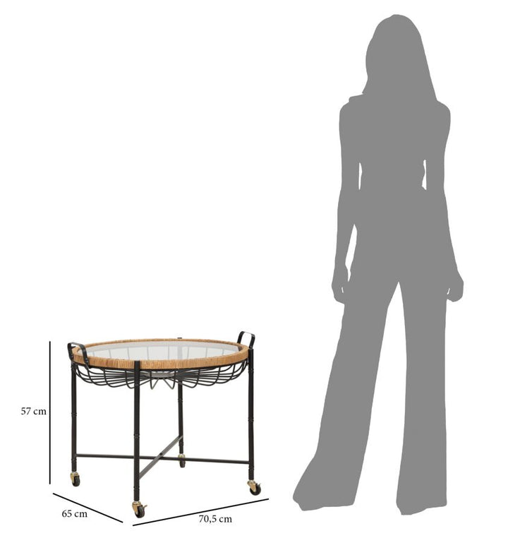 Boho chic bord i jern, glas og rattan – 70x5x65 cm