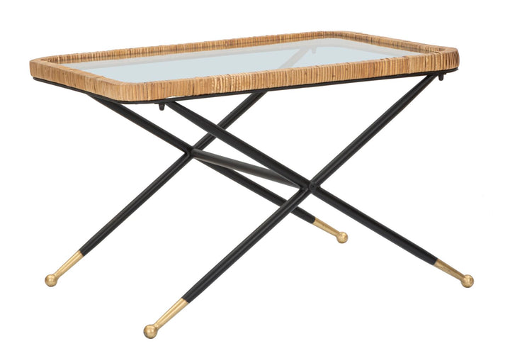 Boho chic bord af jern, glas og rattan – 70x50x45 cm