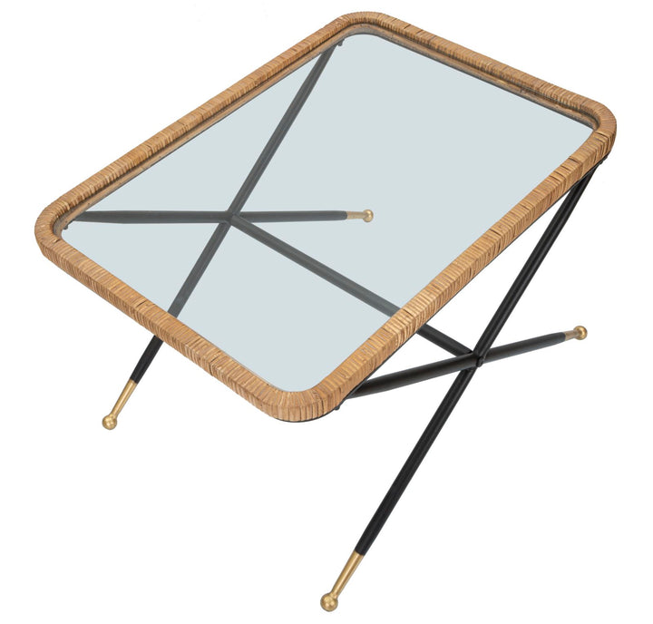 Boho chic bord af jern, glas og rattan – 70x50x45 cm