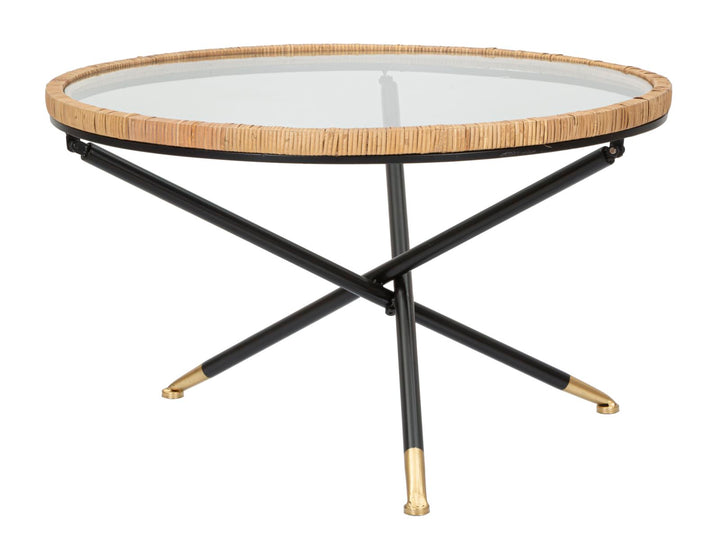 Boho chic sofabord i jern, glas og rattan – 80x46x5 cm
