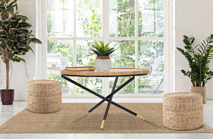 Boho chic sofabord i jern, glas og rattan – 80x46x5 cm