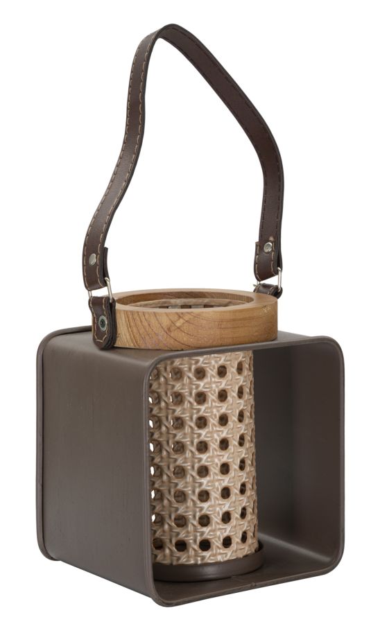 Boho chic lanterner i træ, jern og pu – 16x13x20 cm