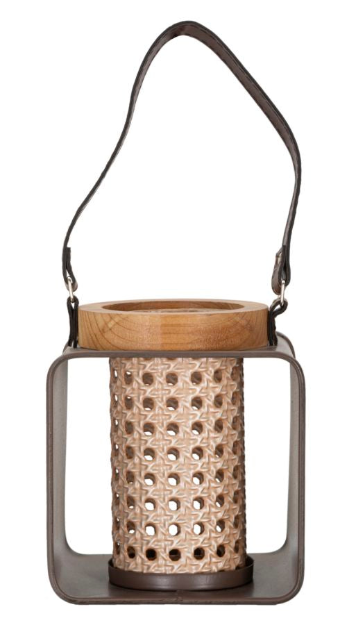 Boho chic lanterner i træ, jern og pu – 16x13x20 cm