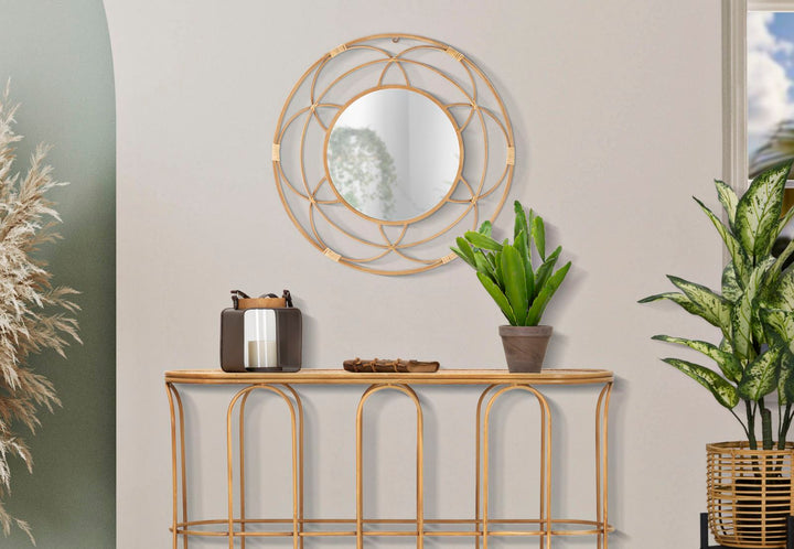 Boho chic vægdekoration med spejl, i rattan og metal – 60x3 cm