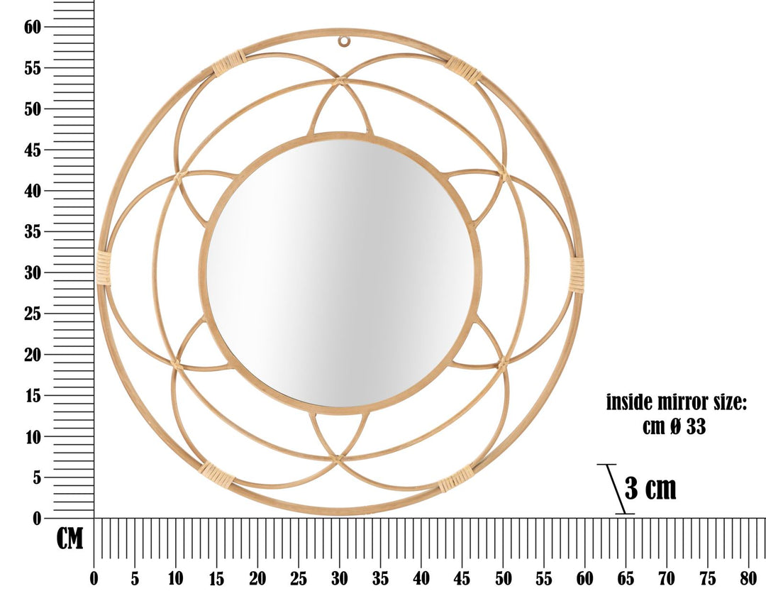 Boho chic vægdekoration med spejl, i rattan og metal – 60x3 cm