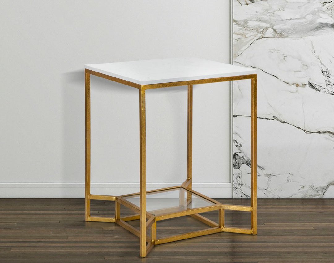 Glam bord i jern, glas og kunstig marmor – 47x47x60 cm