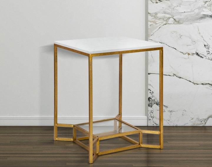 Glam bord i jern, glas og kunstig marmor – 47x47x60 cm
