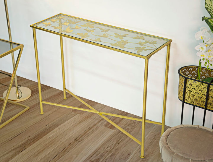 Glam konsolbord i guldfarve, jern og glas – 100x35x80 cm