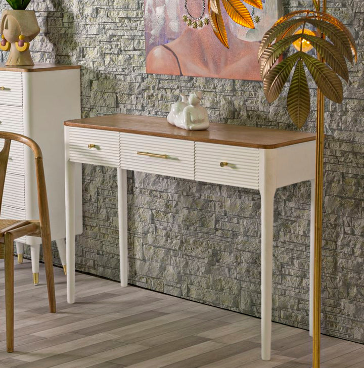 Boho chic konsolbord i hvid, fyrretræ, mdf og metal – 107x37x80 cm