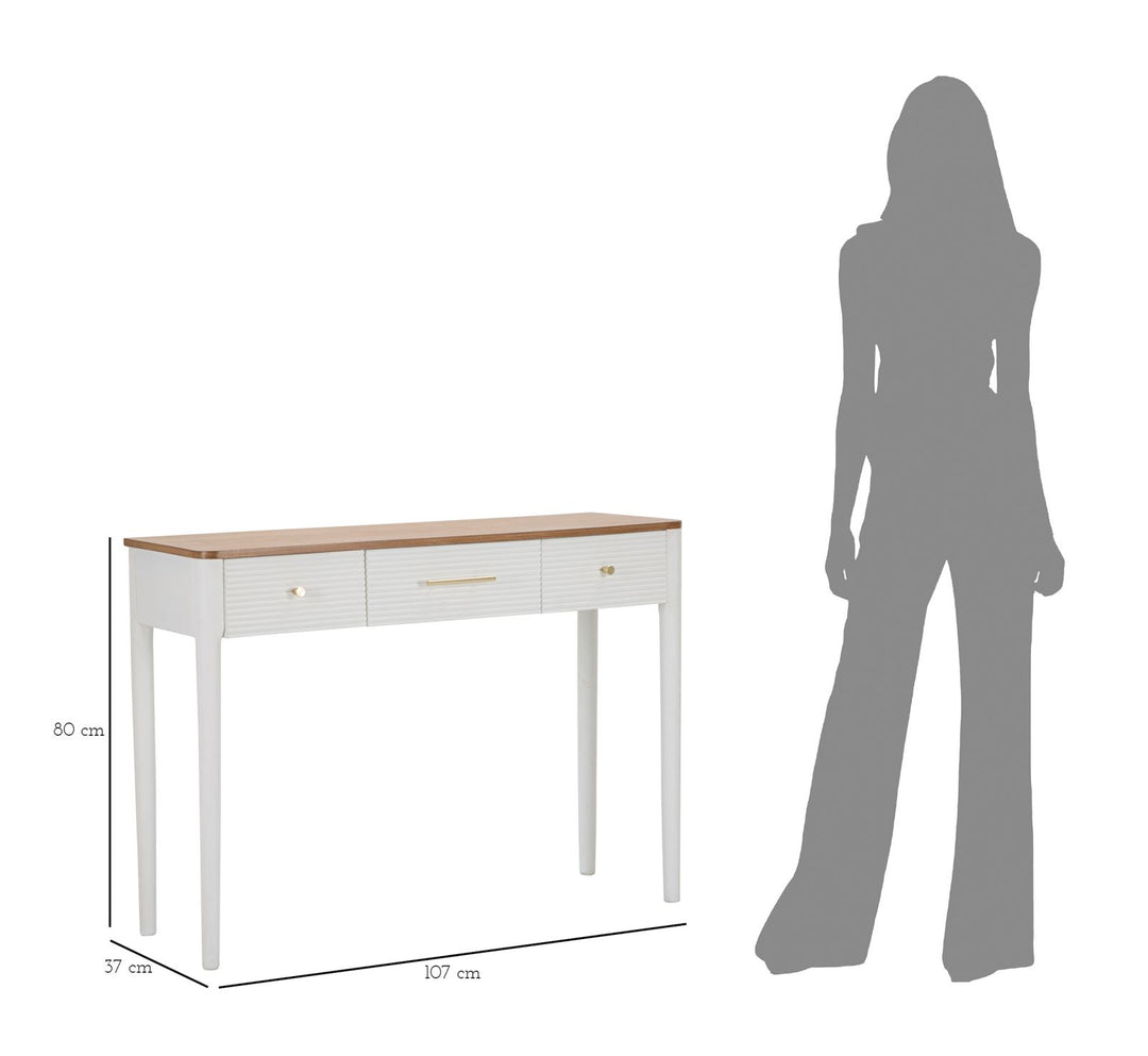 Boho chic konsolbord i hvid, fyrretræ, mdf og metal – 107x37x80 cm