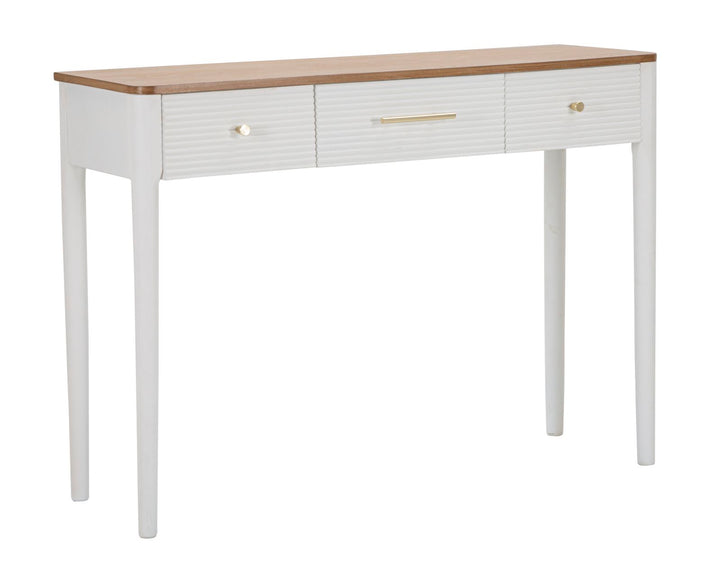 Boho chic konsolbord i hvid, fyrretræ, mdf og metal – 107x37x80 cm