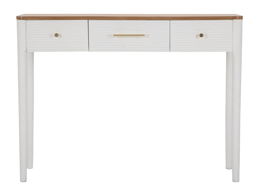 Boho chic konsolbord i hvid, fyrretræ, mdf og metal – 107x37x80 cm