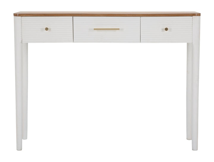 Boho chic konsolbord i hvid, fyrretræ, mdf og metal – 107x37x80 cm