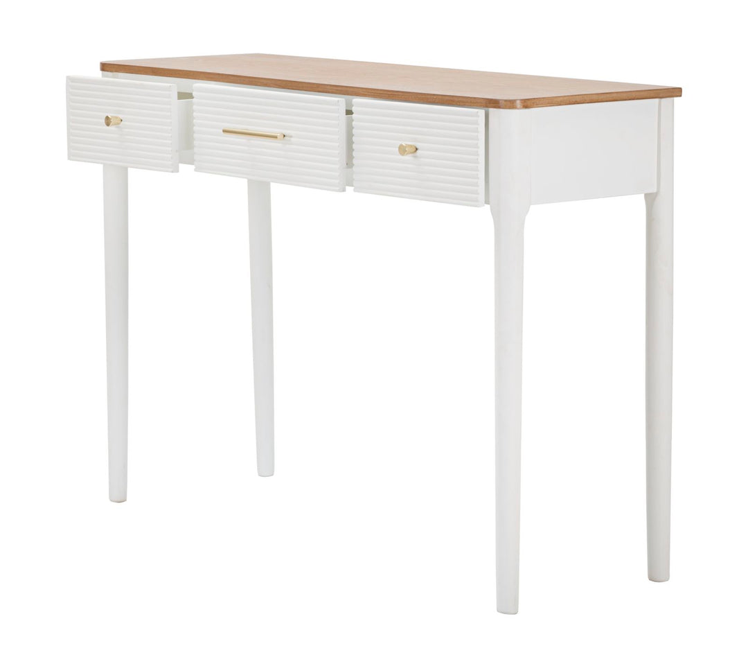 Boho chic konsolbord i hvid, fyrretræ, mdf og metal – 107x37x80 cm