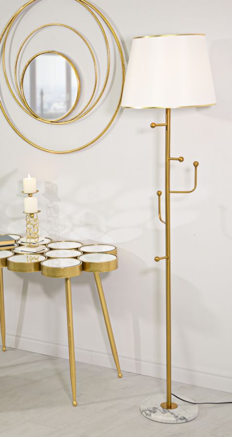 Glam bordlampe i guldfarve, metal og stof