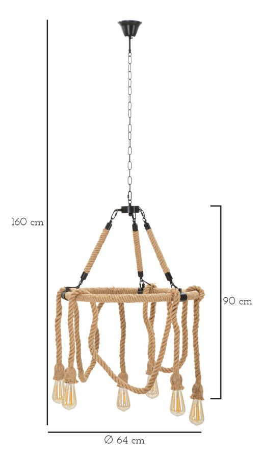 Boho chic lampe i jern og reb – 64x90 cm