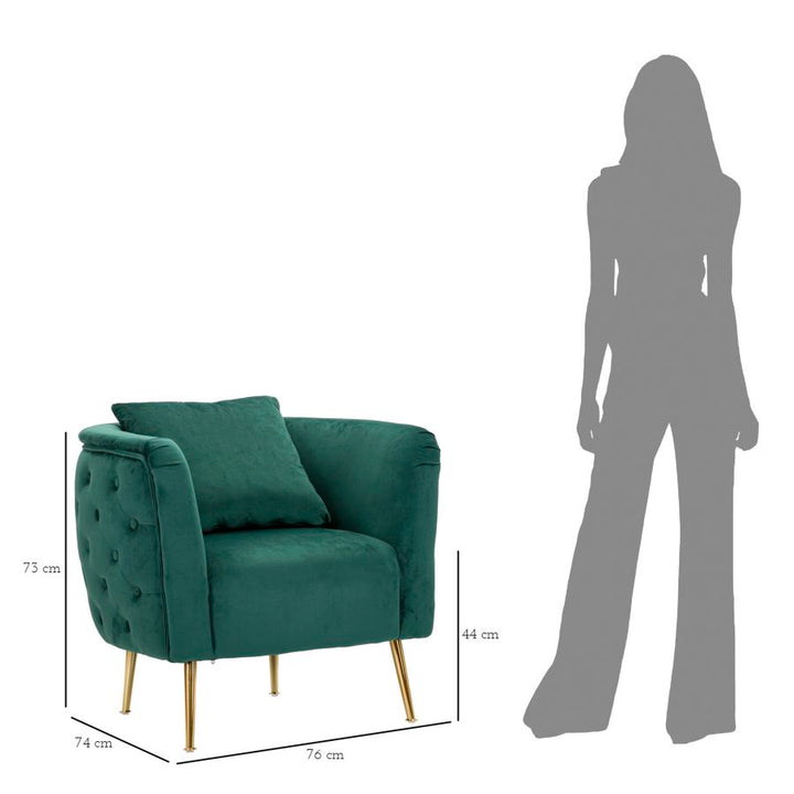 Glam stol i grøn, træ, stof og metal – 76x74x73 cm